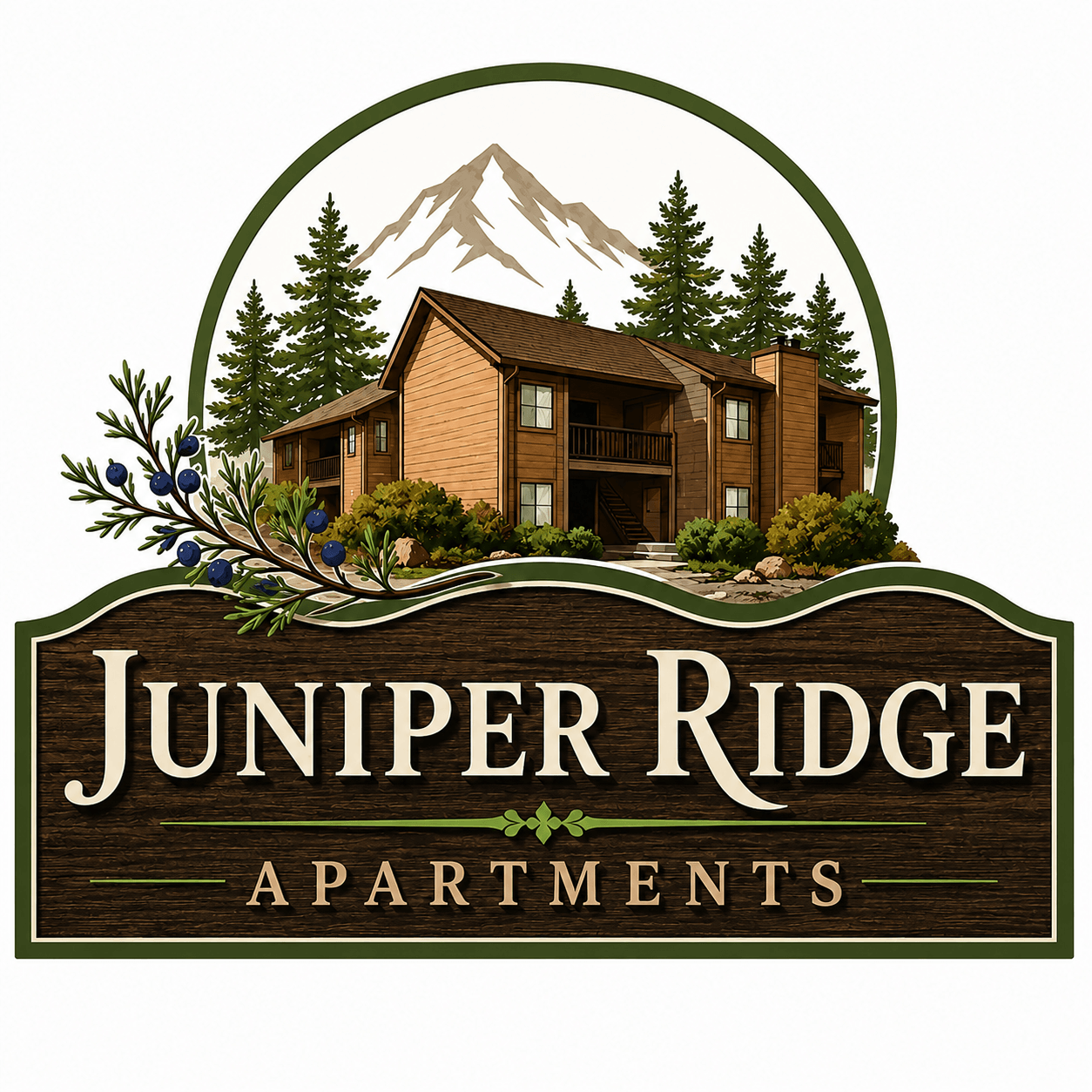 A sign for Juniper Ridge Apartments features a mountain and trees.